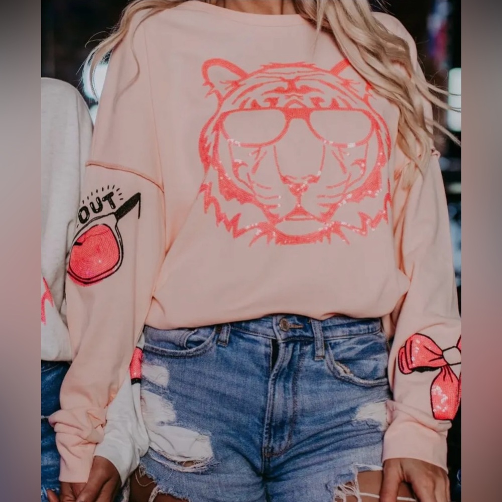 Pink Embroidered & Sequin Sweatshirt With Tiger, Glasses, Bows Printed